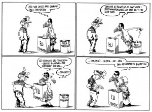 Roald Als fik ret. Her er en tegning fra 2007, hvor han afslører Anders Foghs plan. Først vedtages Lissabon-traktaten uden en folkeafstemning og derefter skal retsforbeholdet afskaffes. Billede: Roald Als tegning fra Politiken den 22/10-2010 Tak til Folkebevægelsen mod EU på Christianshavn og i Indre By for at have betalt for retten til at bruge tegningen på denne hjemmeside. 