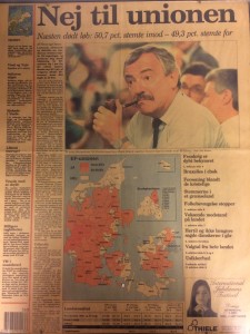 Et flertal af danskerne stemte nej til Maastricht-traktaten i 1992. Billet er fra en del af Politikens forside den 3. juni 1992. 